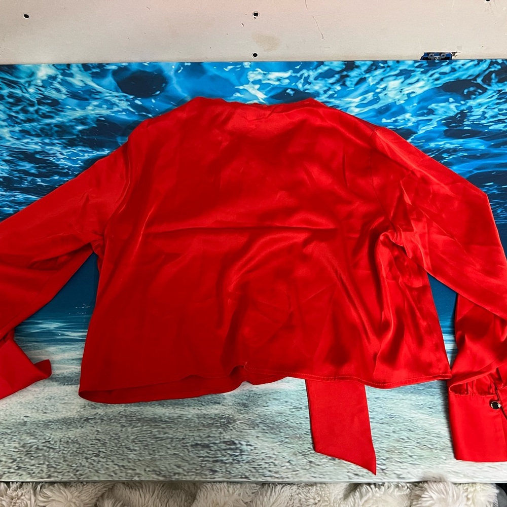 ❄️Nine West Red Satin Blouse Elegant Red Bow-Tie Blouse – Classic Chic - Picture 7 of 8